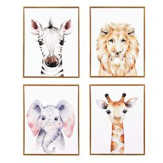 four pictures of different animals on white paper with gold trim around the edges, including an elephant, giraffe, and zebra