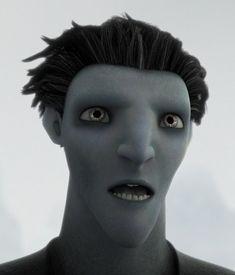 an animated image of a man with black hair and blue skin, staring at the camera