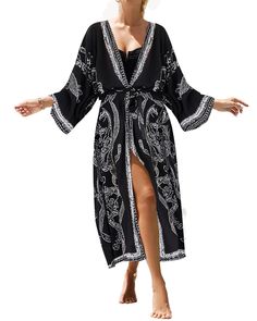 PRICES MAY VARY. Sexy cover ups for swimwear women, length 54.3" shoulder 28" sleeve 10.6", fit size M-XXL Made of smooth fabric, it is hygroscopic, breathable, and soft, offering a silky touch, suitable for summer vacation With bright colors and artistic patterns, this beach robe will be very eye-catching, while showing your youthful vitality Versatile kimono cover up in various scenarios. It's a great choice whether you're relaxing at home, walking on the beach, or hanging out with friends Was Spring Beach Fitted Kimono, Fitted Cover-up For Beach Season Vacation, Flowy Printed Beach Dress For Beach Party, Bohemian Maxi Swimwear For Summer, Bohemian Printed Cover-up For Beach Party, Maxi Length Cover-up For Beach Party Season, Fitted Vacation Cover-up, Fitted Open Front Summer Kimono, Summer Printed Maxi Length Kimono