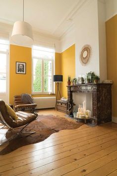 Yellow Bohemian Living Room, Home Office Yellow Walls, Bright Walls Living Room, Yellow Walls Living Room Decor, Mustard Walls Living Room, Yellow Wall Room, Yellow Wall Design, Bright Wall Colors, Yellow Living Room Walls