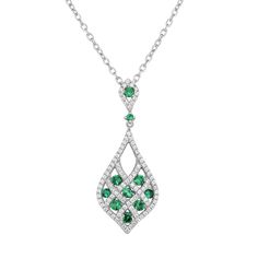 "Designed with lab-created green spinels accented with scintillating cubic zirconia stones, this teardrop necklace is simply beautiful.PENDANT DETAILS Pendant dimensions: 1.38 in. x 0.5 in. Chain length: 18 in. Chain type: cable Clasp: lobster-claw Metal: sterling silver Plating: rhodium Packaging: boxed STONE DETAILS Stone type: lab-created green spinel Total weight: 1/5 ct. Shape: round Setting: prong CUBIC ZIRCONIA DETAILS Total weight: 1/5 ct. Shape: round Setting: prong Size: 18"". Gender: Green Stone Pendant, Spinel Gemstone, Jewelry Drawing, Teardrop Pendant, Teardrop Necklace, Silver Pieces, Simply Beautiful, Necklace Designs, Stone Pendants