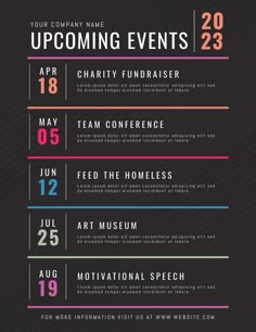 an event poster with the words upcoming events and dates in different colors on black background