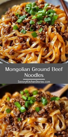 two pictures of noodles with ground beef and green onions