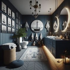 a bathroom with blue walls and pictures on the wall