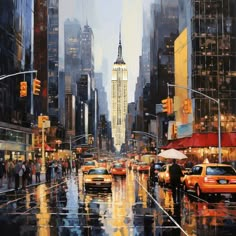 a painting of people and cars on a rainy day in new york city, with the empire building in the background