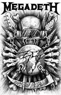 a black and white drawing of a skull surrounded by skulls, bones and wrenches