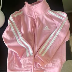 Pink Adidas Hoodie, Pink Adidas Tracksuit, Pink Racing Jacket, Pink Adidas Jacket, Pink Girly Clothes, Cute Jackets Aesthetic, Outfits For Twin Day, Pink Zip Up, Adidas Clothes Women