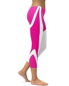 If you want to stand out in the gym, yoga or out and about and during the summer, winter, fall or spring than these Pink Honeycomb Carbon White Capris will do the trick. It's almost as if white background makes the color pink stand out even more. Pink Breathable Summer Activewear, Summer Athleisure Activewear, Knee-length, Summer Knee-length Athleisure Activewear, Pink Breathable Bottoms For Pilates, Pink Summer Activewear For Light Exercise, Breathable Pink Bottoms For Pilates, Pink Stretch Activewear For Spring, Sporty High Stretch Pink Yoga Pants, Spring White Yoga Activewear