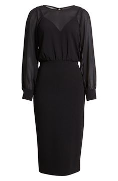 A sheer bodice lends an elegant touch to this chic dress designed with billowing sleeves. 44 1/2" length (size Medium) Jewel neck Long sleeves Partially lined 100% polyester Machine wash, dry flat Imported Evening Midi Dress With Bishop Blouson Sleeves, Evening Midi Dress With Bishop Sleeves, Elegant Sheer Midi Dress, Elegant Midi Dress With Sheer Puff Sleeves, Elegant Sheer V-neck Dresses, Chic Sheer Dress For Formal Occasions, Chic Sheer Formal Dress, Elegant Sheer Midi Cocktail Dress, Elegant Cocktail Midi Dress With Elastic Sleeves