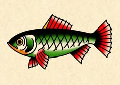 a drawing of a fish with red and green fins