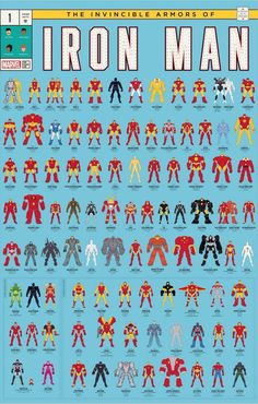 an iron man poster with all the different armors in each color and size, on a blue background