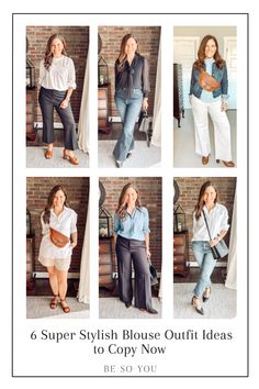 A blouse can make an outfit! Learn how to wear a blouse with jeans and see 22 blouse outfit ideas with jeans, pants, skirts, and even shorts. How To Style White Oversized Blouse, How To Tuck Blouse Into Jeans, White Shirt And Jeans Outfit Midsize, Versatile Oversized Blouse For Day, Versatile Mid-rise Jeans For Everyday, Denim Jumper Outfit, Blouse Outfit Ideas, Outfit Ideas With Jeans, Brown Block Heels