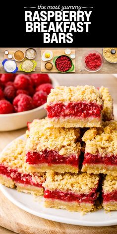 raspberry breakfast bars stacked on top of each other with the title overlay