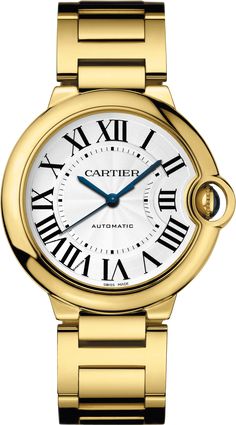 Cartier - Ballon Bleu de Cartier watch - Watch Gold - Ballon Bleu de Cartier watch, 36 mm, mechanical movement with automatic winding. 18K yellow gold case and fluted crown set with a cabochon sapphire. Silver guilloché dial. Blued-steel sword-shaped hands. Sapphire crystal. 18K yellow gold interchangeable bracelet. Case thickness: 12.1 mm. Water-resistant up to 3 bar (approx. 30 meters/100 feet). Vintage Cartier Watch, Watches Cartier, Interchangeable Bracelet, Cartier Ballon Bleu, Cartier Tank, Cartier Watch, Free Bracelet, Womens Watches Luxury, Watches Unique