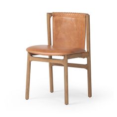 a brown leather chair with a wooden frame and backrest, viewed from the side