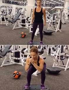 the woman is doing exercises in the gym