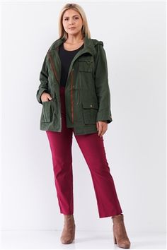 Junior Plus Olive Cotton Front Zip-Up & Button Down Detachable Hood Detail Utility Jacket /4-2 Utility Style, Plus Size Outerwear, Anorak Jacket, Fall Jackets, Detachable Hood, Light Denim, Utility Jacket, Plus Size Tops, Winter Collection