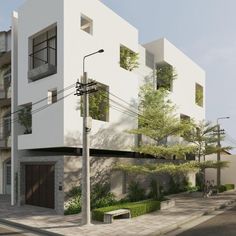 an artist's rendering of a modern apartment building on the corner of a street