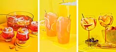 three different shots of various drinks in glasses and pitchers on a yellow tablecloth with lemons