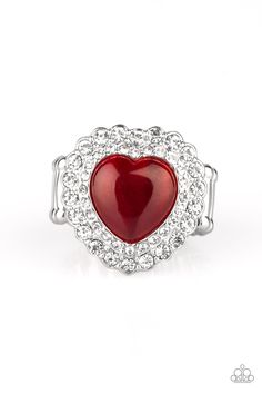 Chiseled into a charming heart shape, a glowing red cat's eye stone is pressed into the center of two silver heart frames radiating with glassy white rhinestones, creating a sparkling centerpiece atop the finger. Features a stretchy band for a flexible fit. Sold as one individual ring. P4RE-RDXX-124XX Stretchy Rings, Red Rings, Red Ring, Pink Jewels, Cats Eye Stone, Fancy Rings, Red Jewelry, Heart Frame, Rhinestone Ring