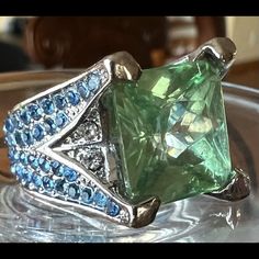 Woman Ring Color Silver With Green Emerald And Blue Sapphire Stones Size 9 Pave Wedding Rings, Womens Silver Jewelry, Woman Ring, Sapphire Stones, Tanzanite Diamond Ring, Feather Ring, Wedding Rings Halo, Bow Ring, Pave Diamond Ring