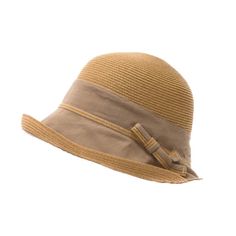 Cute fine straw summer cloche hat. Cotton ramie fabric mid-crown and brim. Asymmetrical facesaver style brim that disappears in back. Brim is straw trimmed and turned up. Shapeable, 3" wide brim. Dome crown. Small ramie and straw bow accent on side. Packable, crushable hat made for travel. Rated as excellent UPF 50+ sun protection hat. One size. 50% paperstraw, 25% cotton, 25% ramie Brimmed Beige Toquilla Straw Bucket Hat, Natural Woven Short Brim Cloche Hat, Adjustable Linen Hat With Curved Brim, Natural Woven Cloche Hat With Short Brim, Woven Beige Brimmed Hat, Beige Toquilla Straw Bucket Hat With Curved Brim, Beige Woven Brimmed Hat, Natural Straw Brimmed Cloche Hat, Beige Straw Bucket Hat With Curved Brim