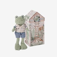 a stuffed frog is standing in front of a box with a house on it's side