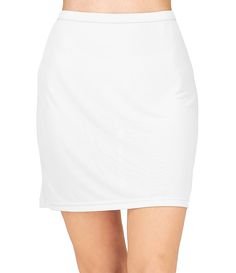 Soft and cool to the touch&#x2C; this versatile half slip is crafted of  an antistatic fabric to prevent clinging. It offers an elastic back for a comfortable fit. Of polyester knit; falls 18" from waist. Only at Dillard's. Imported. White Fitted Bottoms With Banded Waist, White Stretch Nylon Skort, Cotton Stretch Skort With Elastic Waistband, Casual Fitted Bottoms With Elastic Band, White Fitted Bottoms With Comfort Waistband, Fitted White Bottoms With Comfort Waistband, Lightweight Fitted Nylon Bottoms, Casual White Bottoms Machine Washable, Casual White Bottoms, Machine Washable