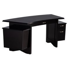 a black desk with two drawers on each side and an open drawer at the top