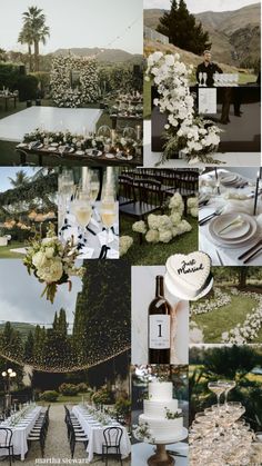 a collage of photos with white flowers and greenery