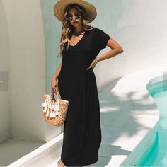 Womens Summer Dress Long Dress Casual Loose Maxi Dresses Beach Outfit 2024 Resort Hawaiian New Black V-neck Beach Dress For Summer, Black Short Sleeve Beach Dress For Vacation, Casual Short Sleeve Maxi Dress For Vacation, Black Short Sleeve Maxi Dress For Vacation, Chic Short Sleeve Maxi Dress For Beach Season, Black Short Sleeve Beach Dress Cover-up, Chic Short Sleeve Midi Dress For Beach, Chic Short Sleeve Midi Beach Dress, Black Short Sleeve Maxi Dress For Beach Season