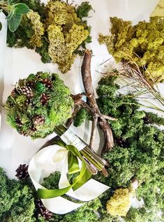 a table topped with lots of different types of flowers and greenery next to scissors