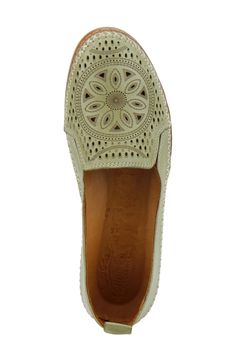 Tiny cutouts and stitched details decorate a versatile flat with a loafer-inspired topline. Cushioned footbed Leather upper and lining/rubber sole Imported Women's Shoes Spring Flats, Spring Step Shoes, Tory Burch Flats, Green Leather, Blue Leather, Womens Flats, White Leather, Sky Blue, Women's Shoes