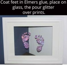 two pairs of shoes are in a frame with the words, coat feet in glitter glue, place on glass, the pour glitter over prints