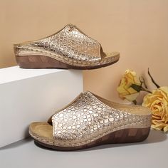 variants15 Gold Slippers For Summer, Comfortable Gold Open Toe Sandals, Gold Platform Slippers With Round Toe For Spring, Gold Platform Slippers For Spring, Gold Slip-on Synthetic Wedge Sandals, Comfortable Gold Sandals For Summer, Gold Synthetic Slip-on Wedge Sandals, Comfortable Gold Synthetic Sandals, Casual Gold Slip-on Wedge Sandals