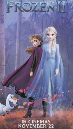 the poster for frozen 2 features two girls in blue dresses and one is standing next to an