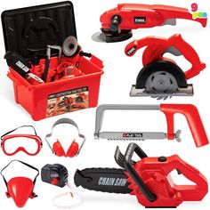 a red tool box filled with tools like chainsaws, pliers and safety goggles