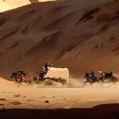 a group of men riding horses across a desert