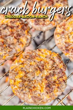 hamburgers on the grill with text overlay that reads cheddar burgers