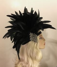 "1920s Flapper, Great Gatsby, Black Gatsby Headpiece, Flapper Headband, Jazz Age, Roaring 20s, Rhinestone Feather Headdress, 1920s, NYE Absolutely stunning headpiece! This is a large dramatic piece, do not wear if you don't want to be the center of attention ; ~) Headbands are handmade, hand stitched, (machine stitched for larger feathers) not held together with only glue so you don't have to worry about it heating up and falling apart. With proper storage they will last for many years. *store f Black Flapper Dress For Costume Party, Elegant Black Flapper Dress For Costume, Black 1920s Flapper Dress For Costume Party, 1920s Black Flapper Dress For Wedding, 1920s Style Black Flapper Dress For Wedding, Black Flapper Dress For Wedding, Black Gatsby Flapper Dress For Vintage Events, Black Vintage Flapper Dress For Vintage Events, Flapper Headpieces For Costume Party