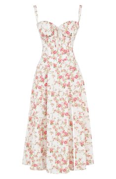 Freshen up your garden-party style in a bustier sundress fashioned with a drawstring-tie sweetheart neck, lace-up back and a thigh-baring slit. Exclusive retailer 48" length (size Medium) Sweetheart neck Lined, with padded cups and boning in bodice 65% cotton, 32% nylon, 3% polyester Dry clean Imported Plus-koon Muoti, Floral Bustier, Waist Shapers, Summer Garden Party, Midi Sundress, Estilo Chic, Bustier Dress, Rock Design, Yellow Print