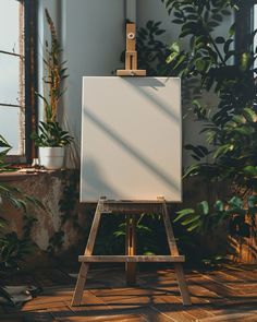 an easel with a white canvas on it in front of a window and potted plants