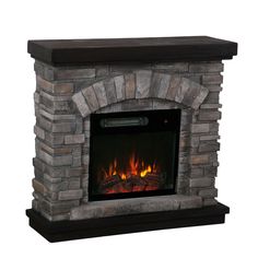 an electric fireplace is shown with the fire burning in it's side and brick surround