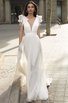 Looking for a dress in 100D Chiffon, Column style, and AmazingDraped,Cascading Ruffles work? We meet all your need with this Classic Deep V-Neck Cap Sleeves White Wedding Reception Dress Aline Maxi Dress. Greek Wedding Dresses, Tarik Ediz Dresses, White Weddings Reception, Column Wedding Dress, Wedding Dress Cap Sleeves, Chiffon Wedding Dress, Wedding Reception Dress, Maxi Dress Wedding, Reception Dress