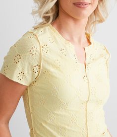 FITZ + EDDI Pointelle Split Neck Top - Yellow Large, Women's Yellow Exposed seam textured knit cropped top Bust measures 28 on size small Body length 17 1/2 on size small The FITZ + EDDI brand is designed for a more petite guest. Layering piece(s) and/or accessories sold separately.. 97% Polyester 3% Spandex. Machine wash cold. Do not bleach. Line dry. Iron medium. Do not dry clean.. Measurements: Bust -Fullest part of bust with arms at sides. Waist -Circumference of natural waist: above belly b Knit Crop Top, Top For Women, Women Shirts Blouse, Waist Circumference, 2 On, Knit Crop, Textured Knit, Women's Shirts, Cropped Top