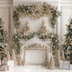 a fireplace decorated with christmas trees and presents