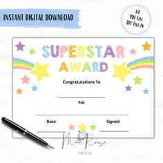 an award certificate with stars and rainbows on the border is shown in this image