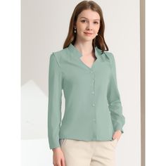 This shirt is elegant and charming for workwear or a day-to-night look, with a cut-out v-neck and unique shoulder details. No-see-through chiffon fabric and stylish v-neck make it a perfect choice for work, office, and daily wear. Pair this work office shirt with a pencil skirt, work pants, or casual jeans. The return of a classic, this button-up shirt is cut from in a chiffon sateen in an always flattering fit-and-flare silhouette. Model Body Size: Height: 5'9", Chest: 33 inches, Waist: 24 inch Formal V-neck Shirt With Button Closure, Chic Solid Color V-neck Shirt, Solid Color Blouse With Lapel Collar For Work, Solid Button-up Tops For Workwear, Solid Collared Tops For Office, Solid Tops With Button Closure For Work, Formal Solid V-neck Shirt, Solid Lapel Collar Tops For Office, Formal V-neck Shirt