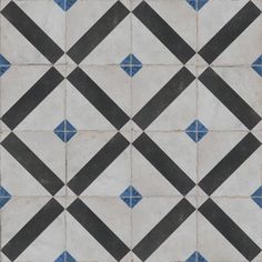 a black and white tiled floor with blue lines on the bottom, in an old style pattern