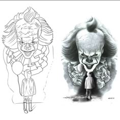 two drawings of clowns with different faces and body parts, one in black and white the other in color